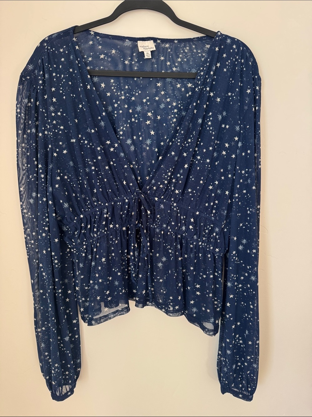 Madison & Berkeley Celestial Star Whim  Mesh Peplum Tie Front Long Sleeve Top XL
